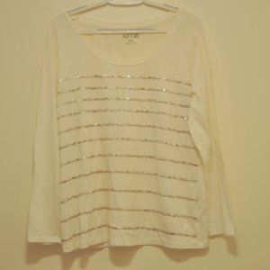Apt 9 Womens White Top With Silver Sequins Lines Long Sleeve Size Large